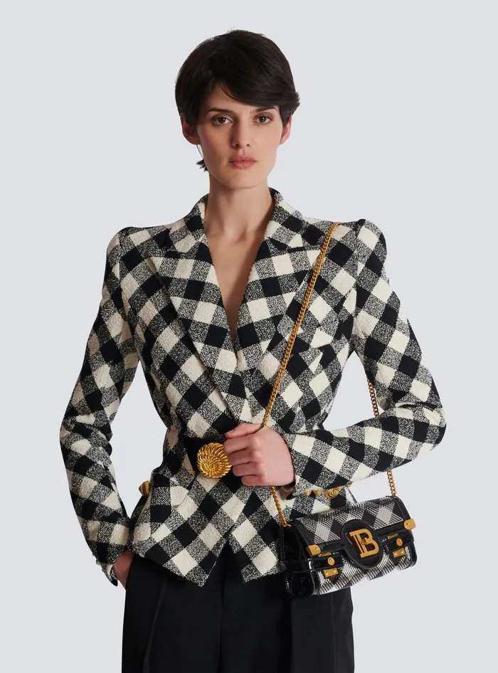 Balmain BBuzz Pouch 23 With Gingham Sequins And Patent Leather Black Women Clutches