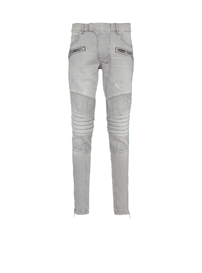 Balmain Biker Jeans In Grey Quilted Denim Grey Men Denim