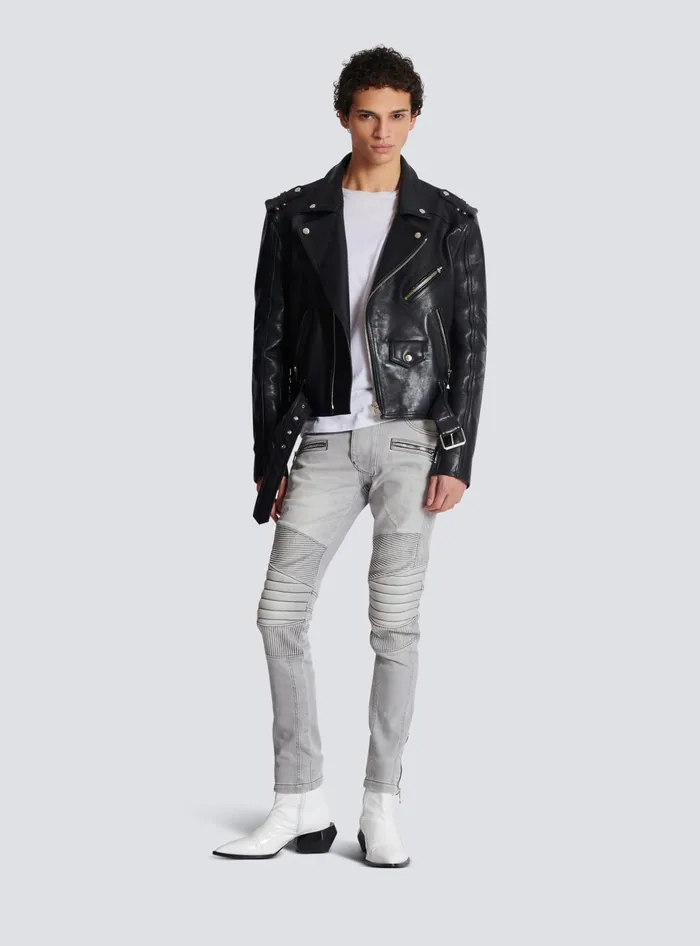 Balmain Biker Jeans In Grey Quilted Denim Grey Men Denim