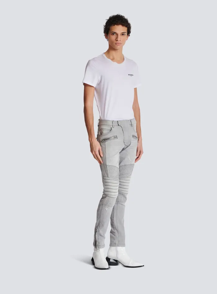 Balmain Biker Jeans In Grey Quilted Denim Grey Men Denim