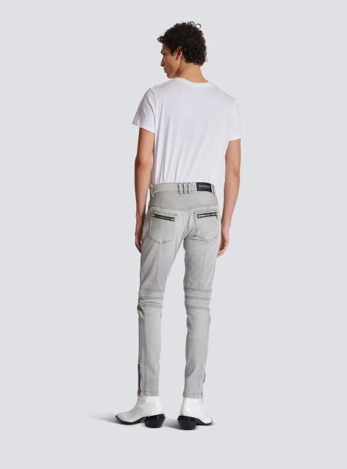 Balmain Biker Jeans In Grey Quilted Denim Grey Men Denim