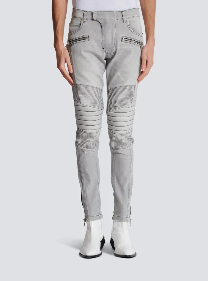 Balmain Biker Jeans In Grey Quilted Denim Grey Men Denim