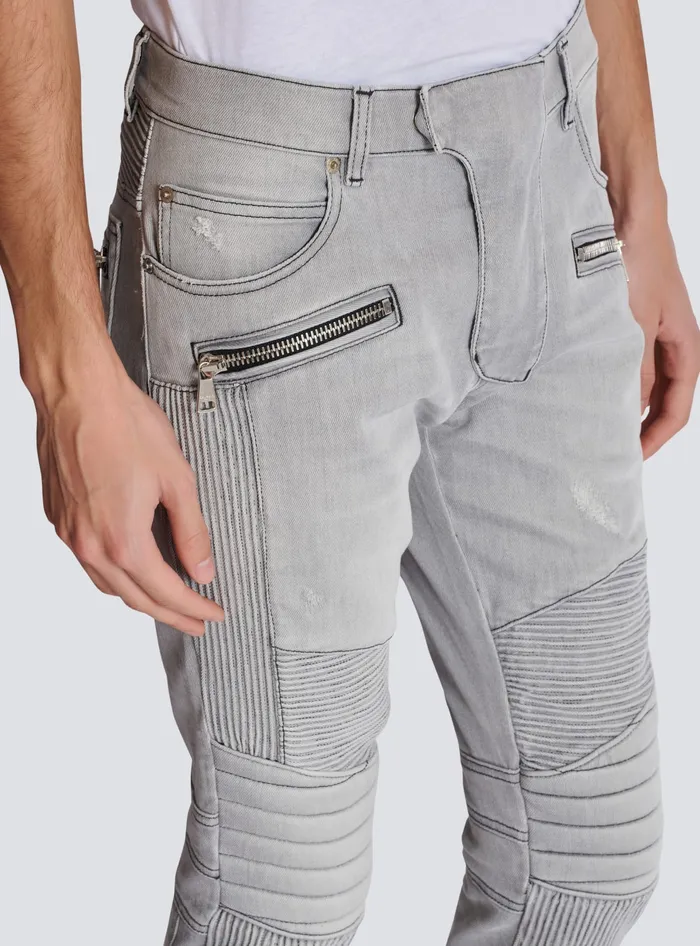 Balmain Biker Jeans In Grey Quilted Denim Grey Men Denim