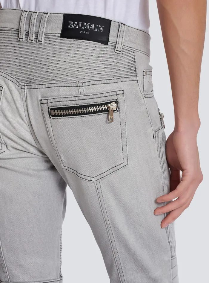 Balmain Biker Jeans In Grey Quilted Denim Grey Men Denim