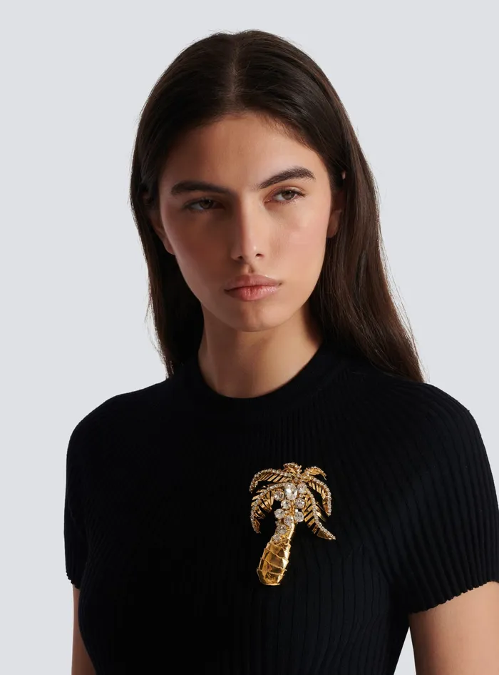 Balmain Brass And Crystal Palm Tree Brooch Gold Women Fashion Jewelry