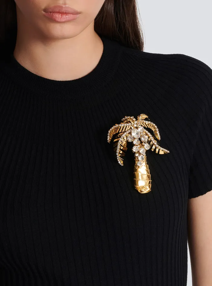 Balmain Brass And Crystal Palm Tree Brooch Gold Women Fashion Jewelry