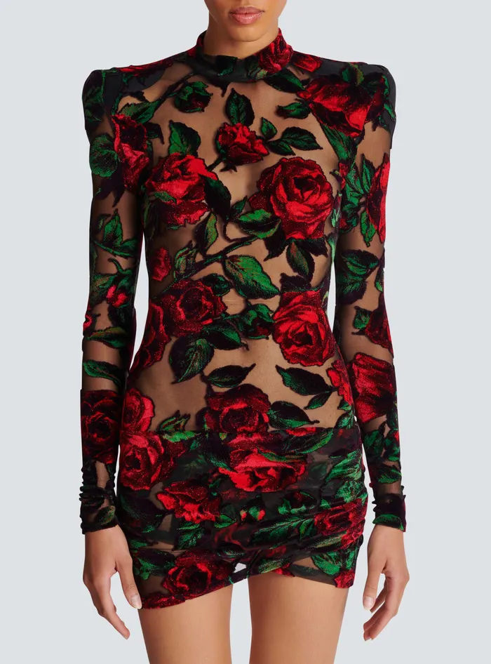 Balmain Burnout Velvet Dress With Rose Print Red Women Dresses