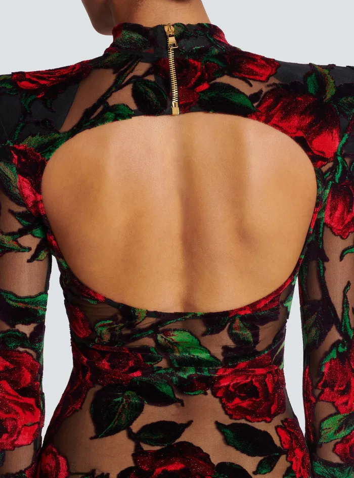 Balmain Burnout Velvet Dress With Rose Print Red Women Dresses