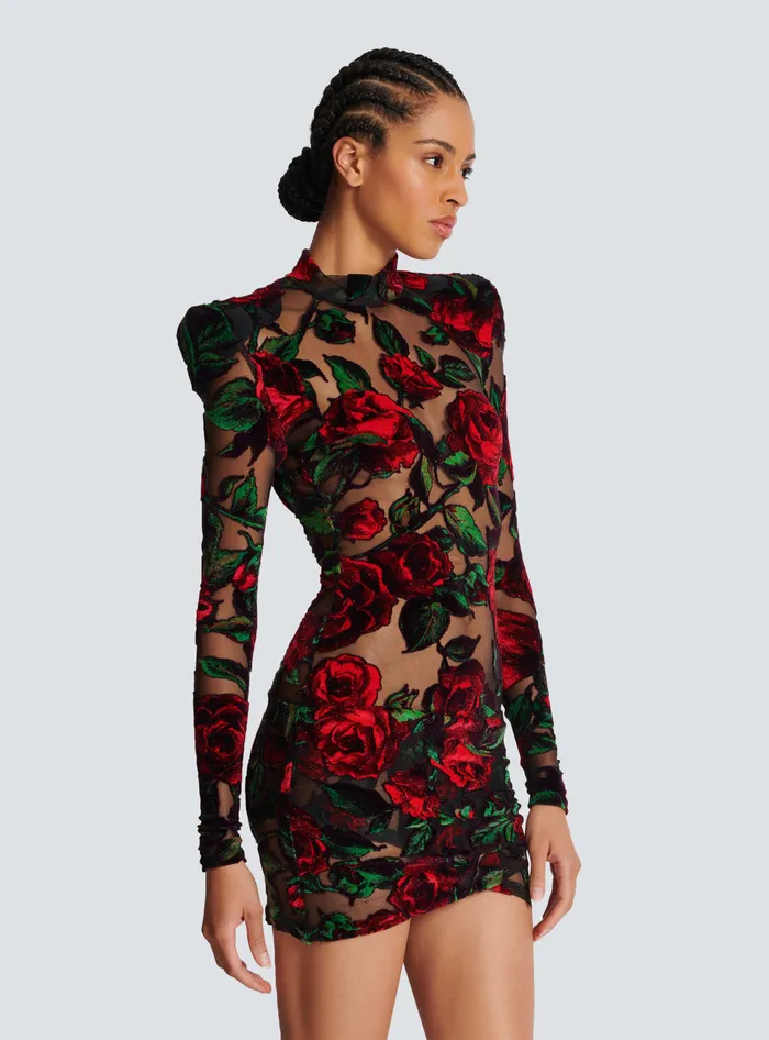 Balmain Burnout Velvet Dress With Rose Print Red Women Dresses