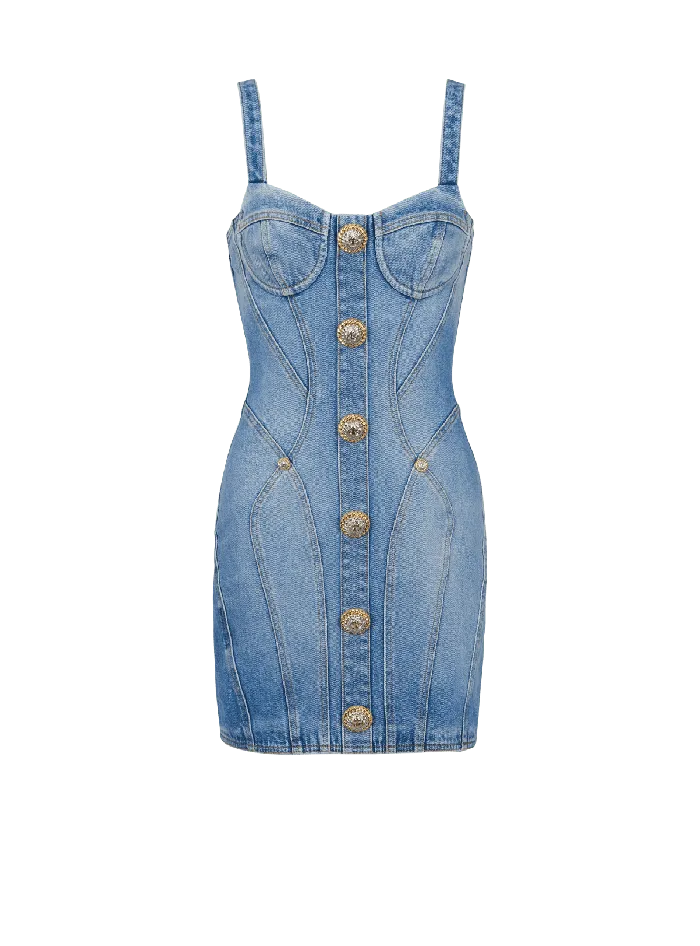 Balmain Buttoned Short Denim Dress Blue Women Dresses