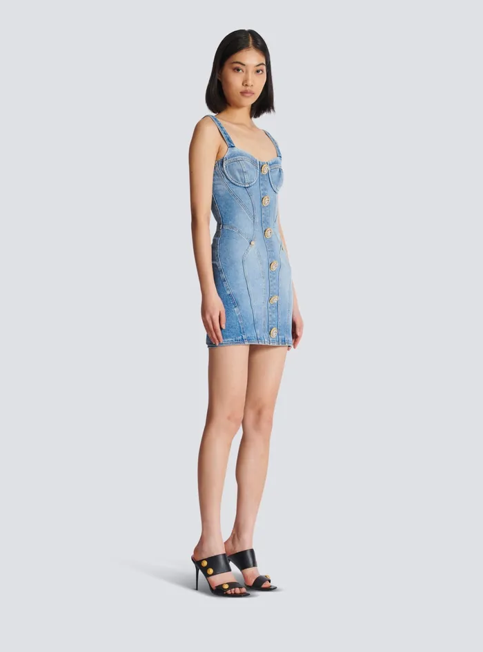 Balmain Buttoned Short Denim Dress Blue Women Dresses