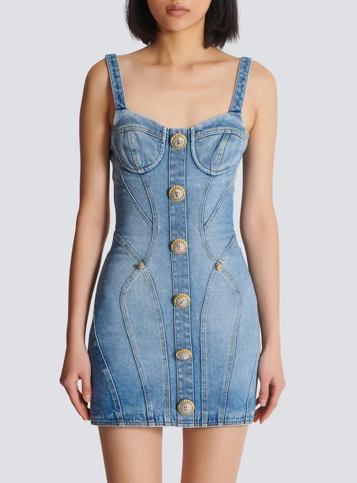 Balmain Buttoned Short Denim Dress Blue Women Dresses