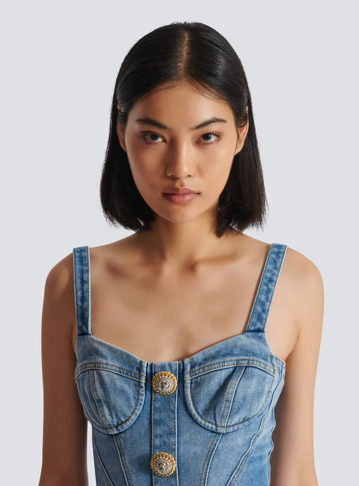 Balmain Buttoned Short Denim Dress Blue Women Dresses
