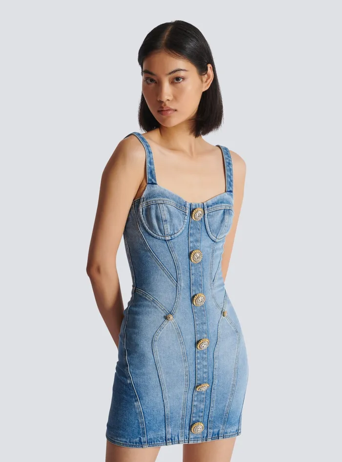Balmain Buttoned Short Denim Dress Blue Women Dresses
