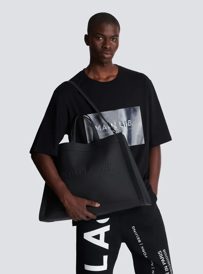 Balmain By Olivier Rubbereffect Leather Tote Bag Black Men Bags And Backpacks