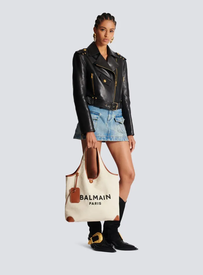 Balmain Canvas And Leather Barmy Grocery Bag Brown Women Grocery Bags