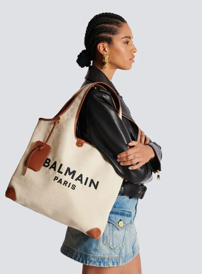 Balmain Canvas And Leather Barmy Grocery Bag Brown Women Grocery Bags