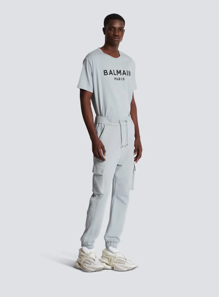 Balmain Cargo Joggers With Paris Print Grey Men Trousers And Shorts