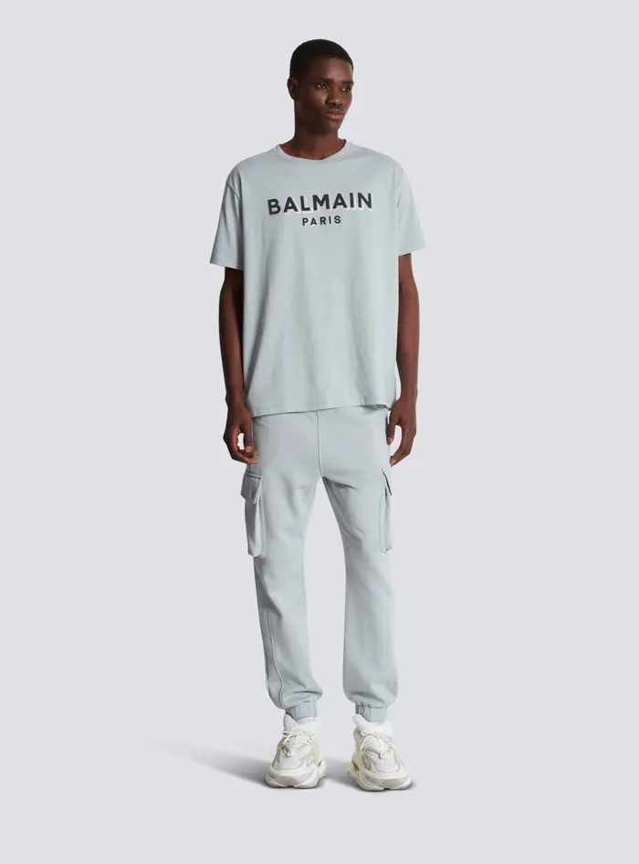 Balmain Cargo Joggers With Paris Print Grey Men Trousers And Shorts