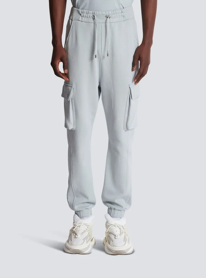 Balmain Cargo Joggers With Paris Print Grey Men Trousers And Shorts