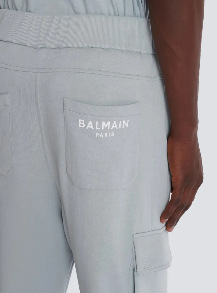 Balmain Cargo Joggers With Paris Print Grey Men Trousers And Shorts