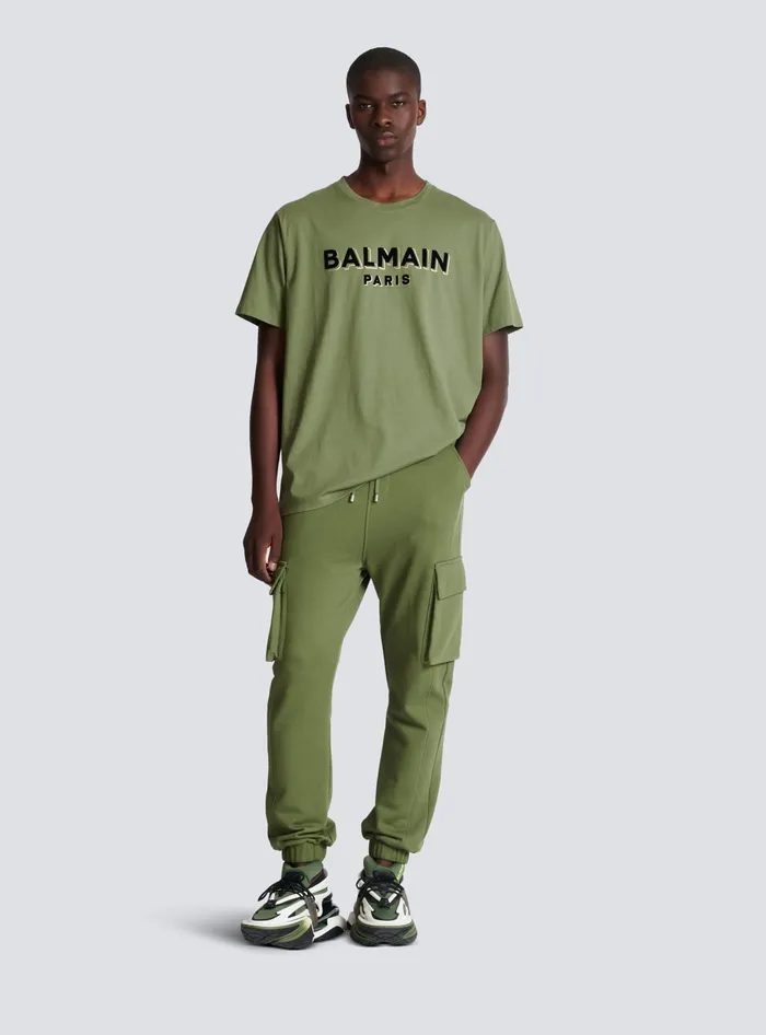 Balmain Cargo Joggers With Paris Print Khaki Men Trousers And Shorts