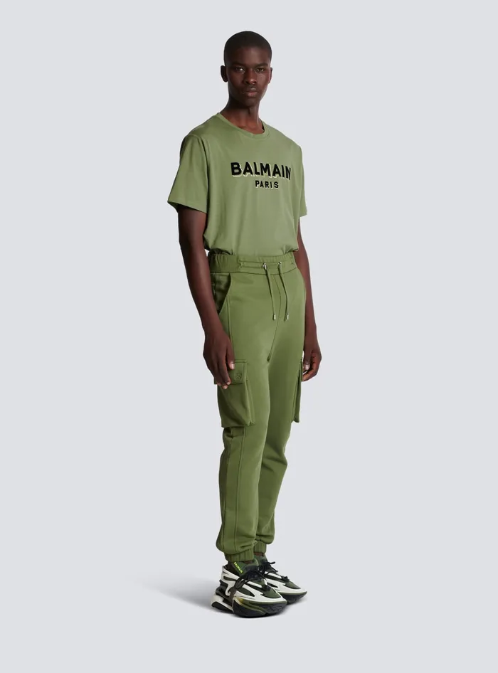 Balmain Cargo Joggers With Paris Print Khaki Men Trousers And Shorts