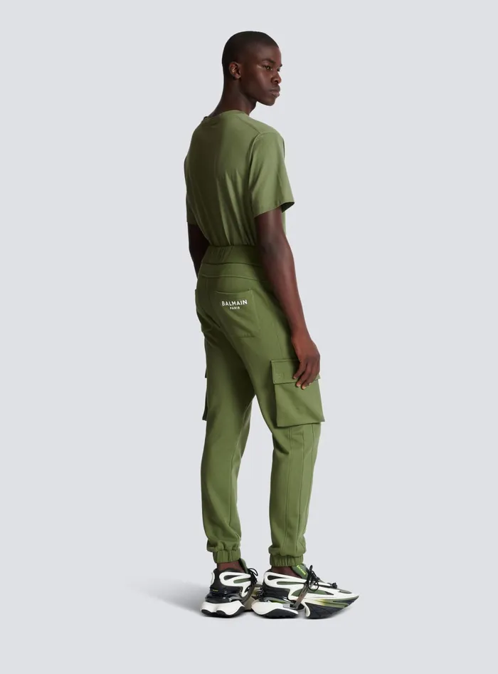 Balmain Cargo Joggers With Paris Print Khaki Men Trousers And Shorts