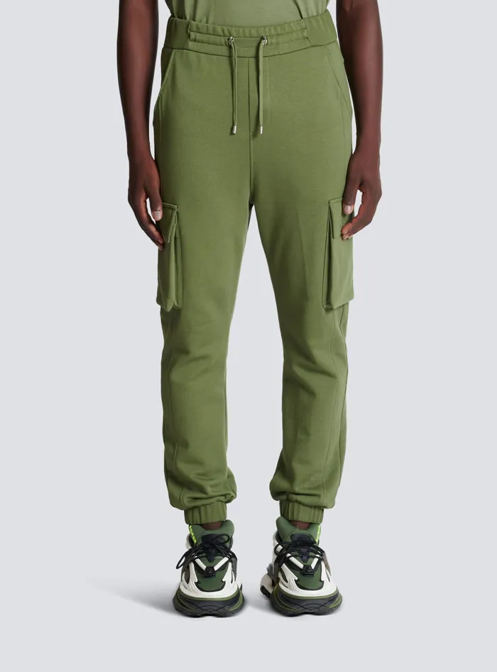 Balmain Cargo Joggers With Paris Print Khaki Men Trousers And Shorts
