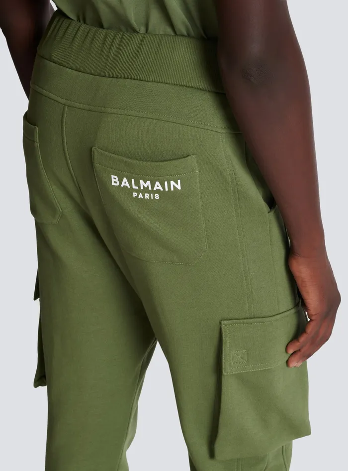 Balmain Cargo Joggers With Paris Print Khaki Men Trousers And Shorts