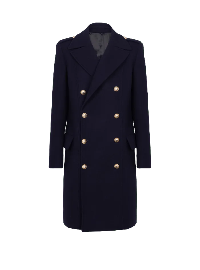 Balmain Coat In Felted Doublefaced Wool Navy Men Outerwear