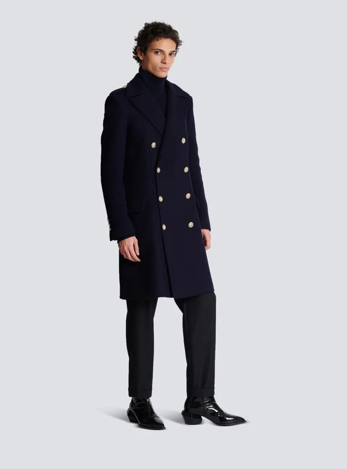 Balmain Coat In Felted Doublefaced Wool Navy Men Outerwear