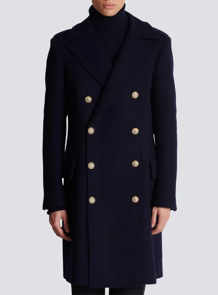 Balmain Coat In Felted Doublefaced Wool Navy Men Outerwear