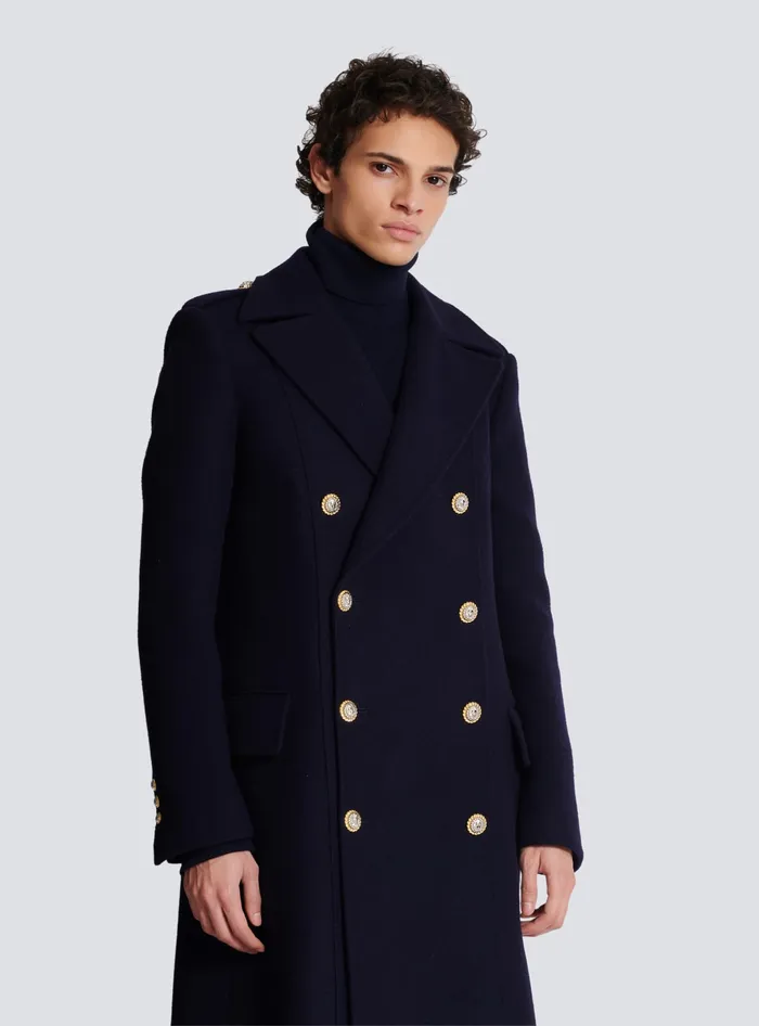 Balmain Coat In Felted Doublefaced Wool Navy Men Outerwear