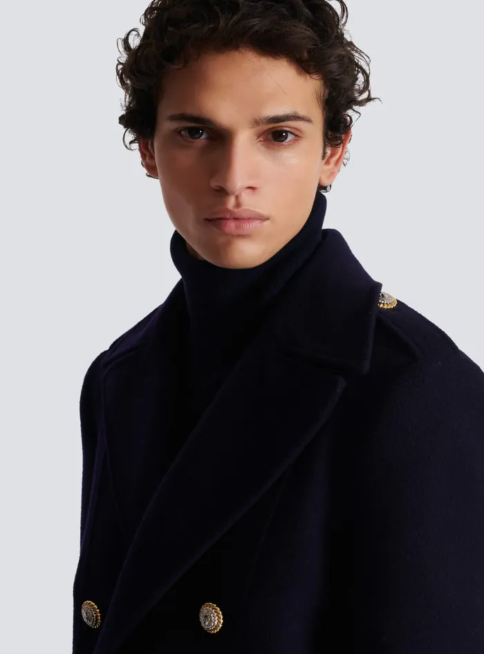 Balmain Coat In Felted Doublefaced Wool Navy Men Outerwear