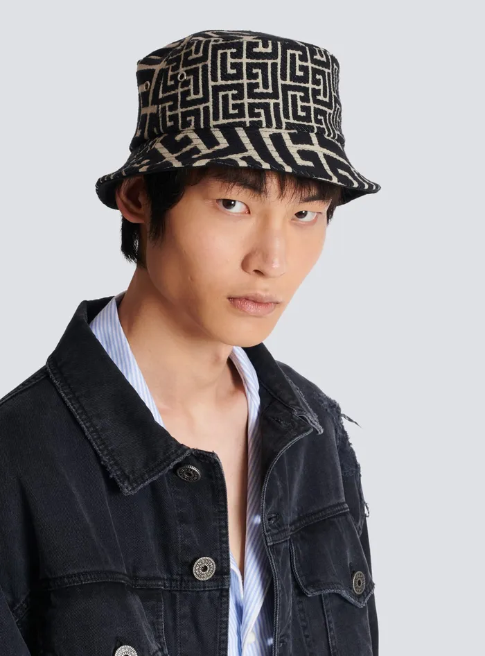 Balmain Cotton Canvas Bucket Hat With Paris Logo Black Men Hats And Caps