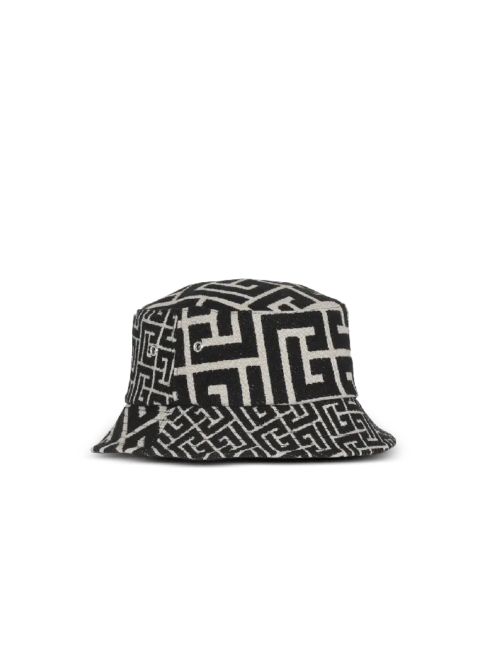 Balmain Cotton Canvas Bucket Hat With Paris Logo Black Men Hats And Caps