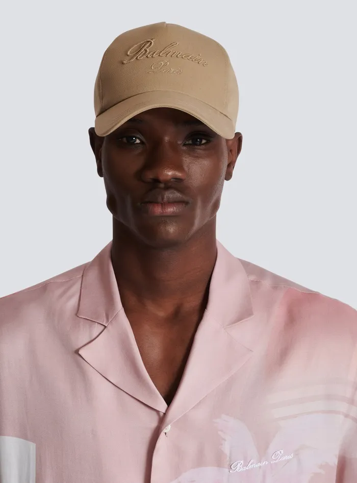 Balmain Cotton Cap With Signature Embroidery Beige Men Hats And Caps