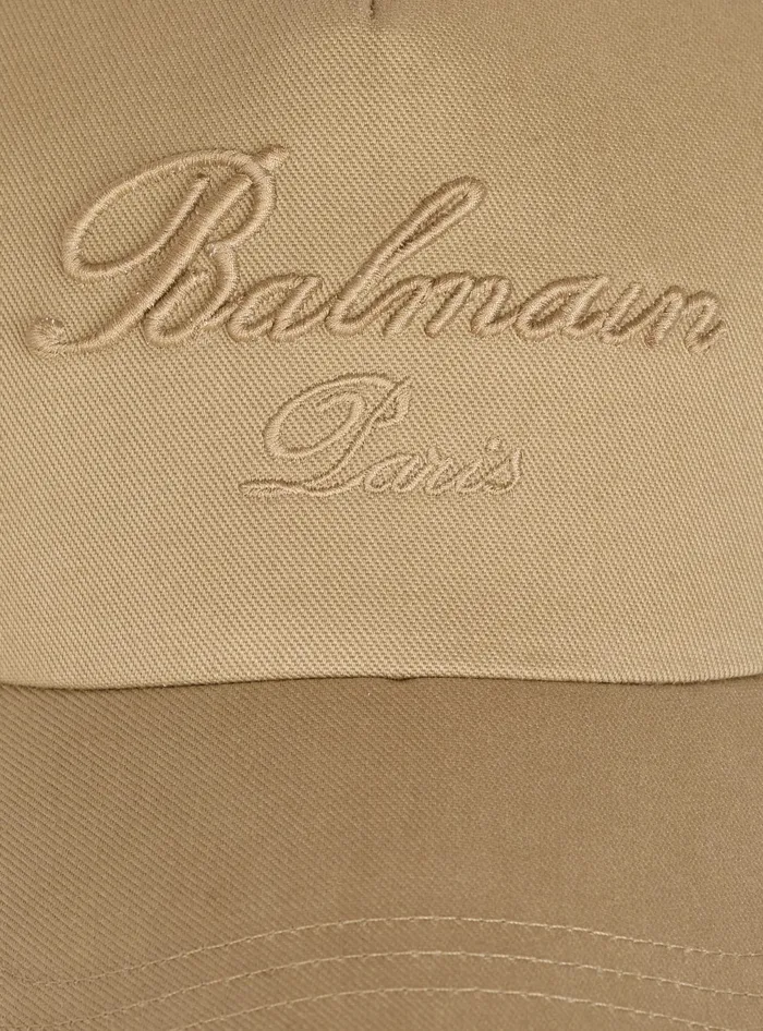 Balmain Cotton Cap With Signature Embroidery Beige Men Hats And Caps