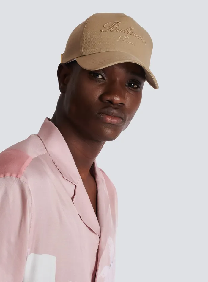 Balmain Cotton Cap With Signature Embroidery Beige Men Hats And Caps
