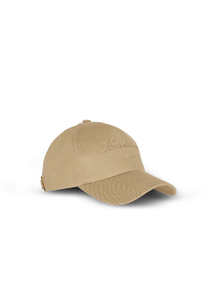 Balmain Cotton Cap With Signature Embroidery Beige Men Hats And Caps