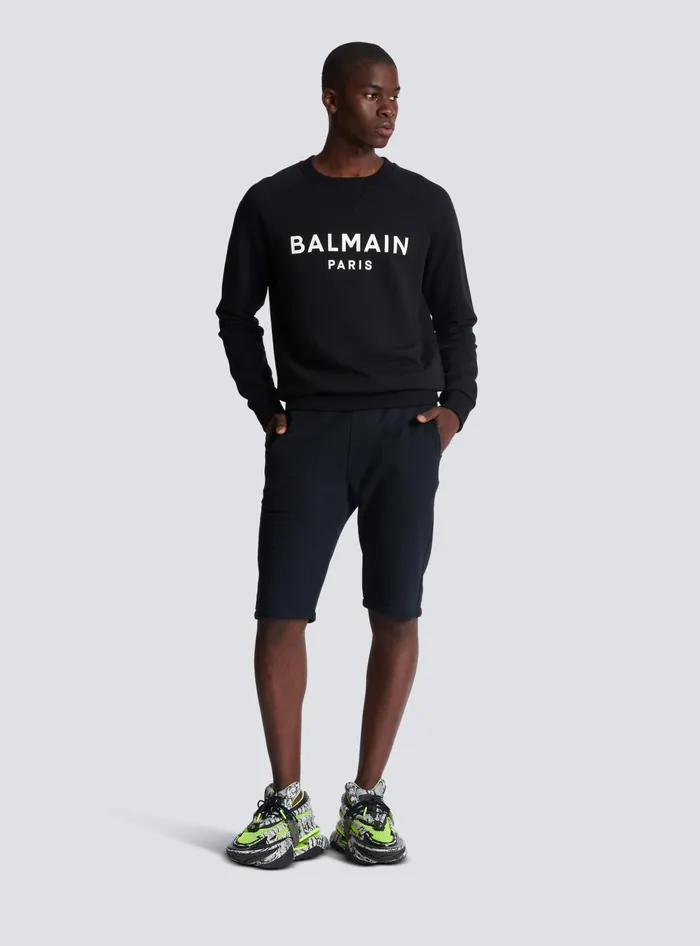 Balmain Cotton Shorts With Flocked Paris Logo Black Men Sportswear