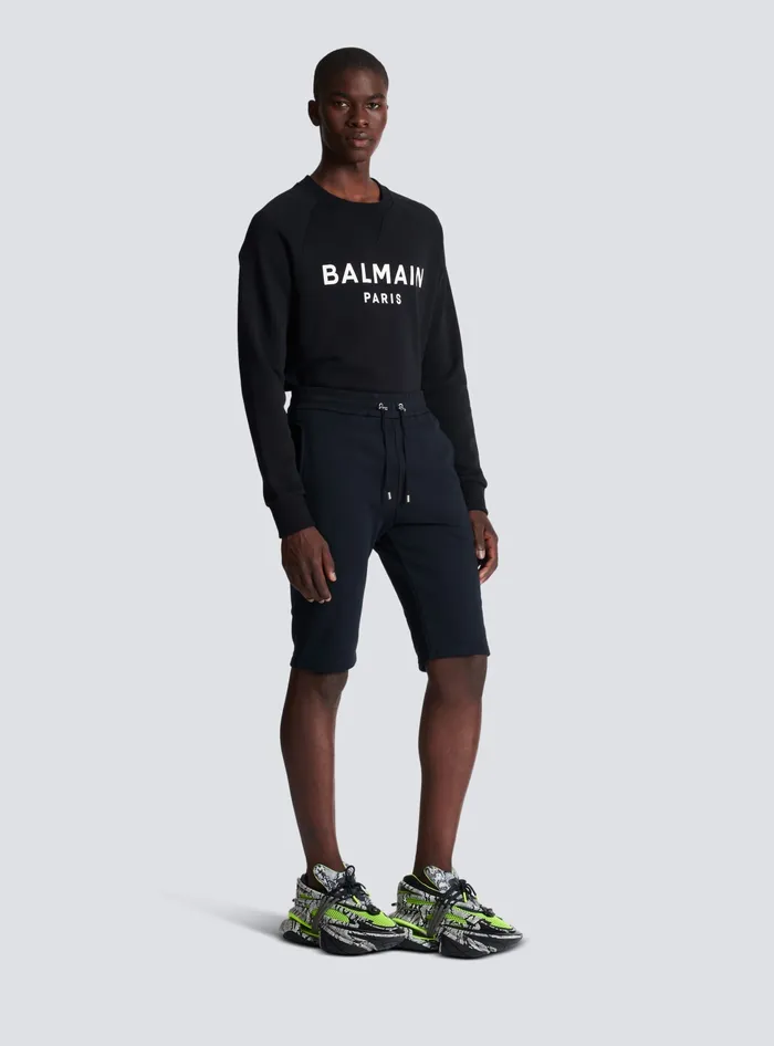 Balmain Cotton Shorts With Flocked Paris Logo Black Men Sportswear