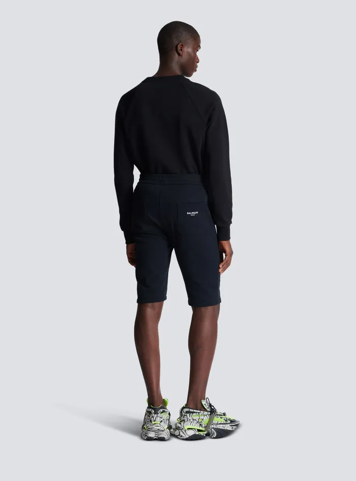 Balmain Cotton Shorts With Flocked Paris Logo Black Men Sportswear