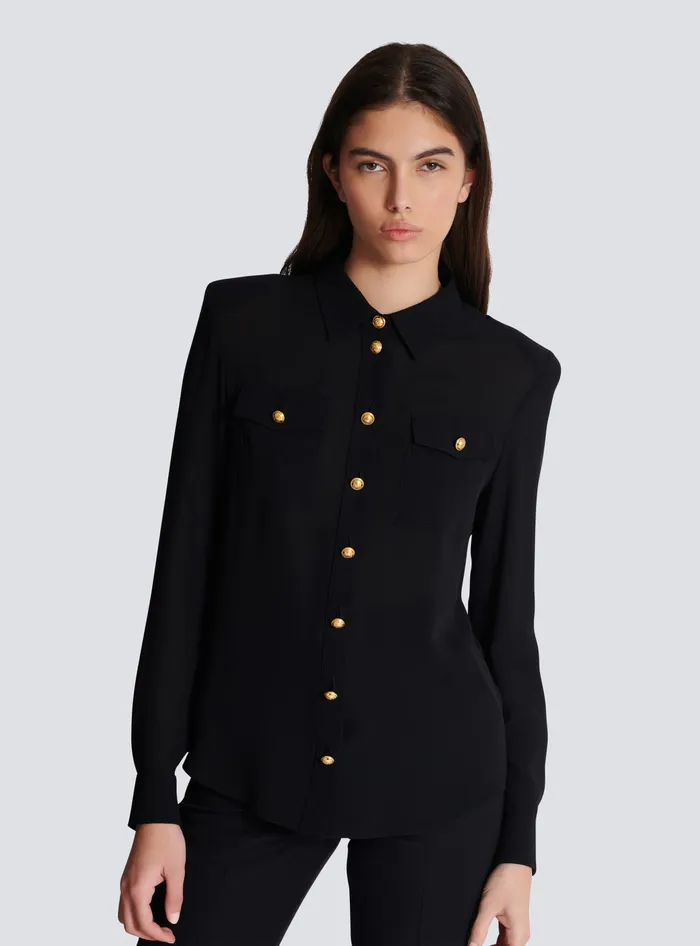 Balmain Crepe De Chine Shirt Black Women Tops And Shirts