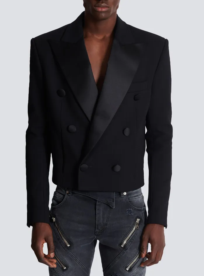 Balmain Cropped Double Crepe Jacket Black Men Jackets And Blazers