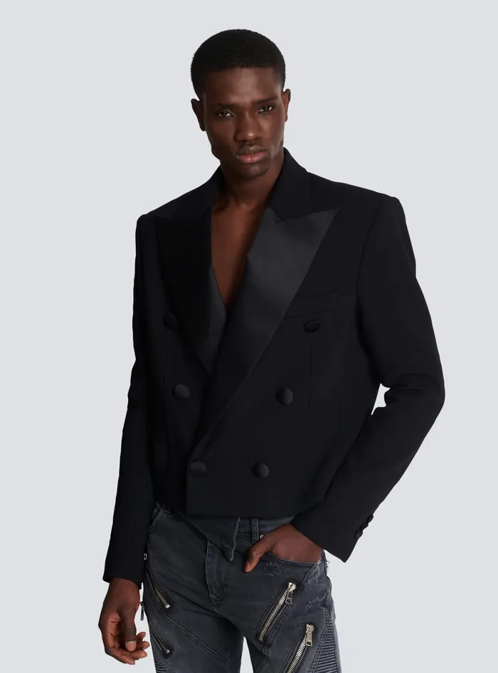 Balmain Cropped Double Crepe Jacket Black Men Jackets And Blazers