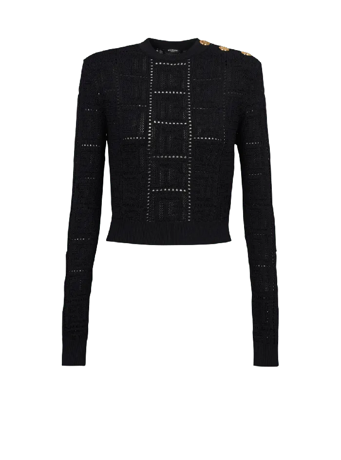 Balmain Cropped Ecodesigned Sweater With Monogram Black Women Knitwear