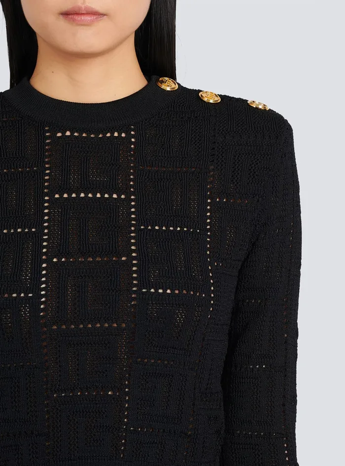 Balmain Cropped Ecodesigned Sweater With Monogram Black Women Knitwear