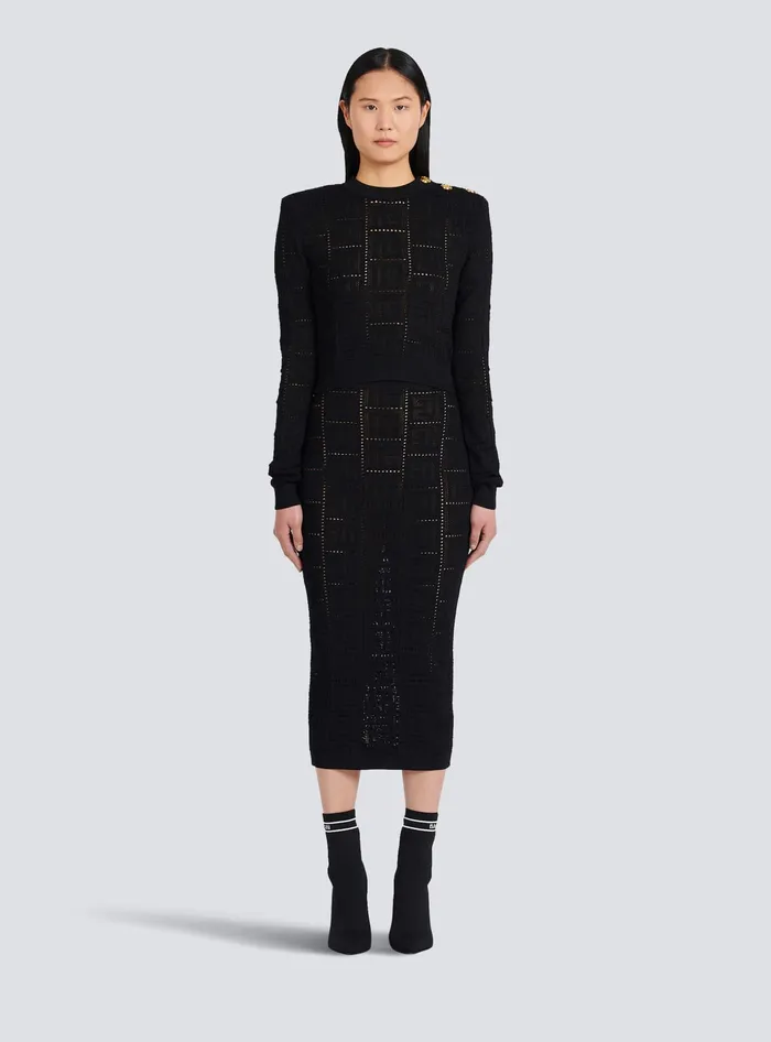 Balmain Cropped Ecodesigned Sweater With Monogram Black Women Knitwear